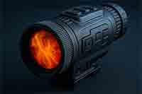 Modern thermal imaging monocular with glowing orange lens representing heat signature detection.