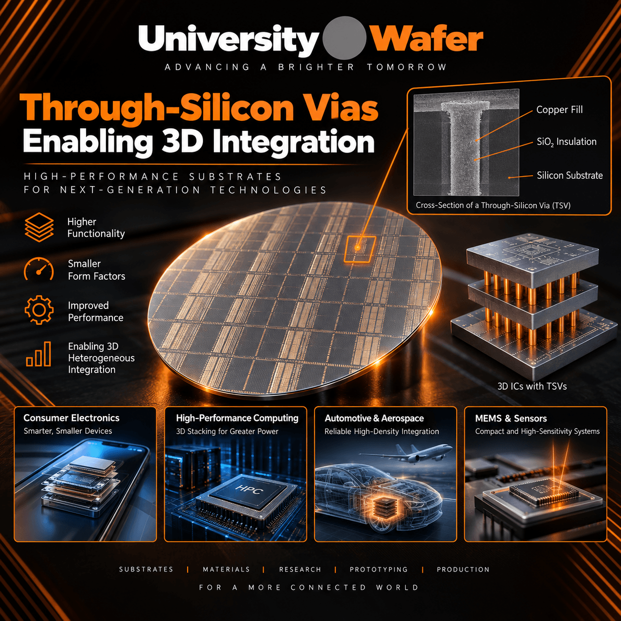 Through-silicon via applications for 3D integrated circuits, high-performance computing, consumer electronics, automotive, aerospace, MEMS and sensors