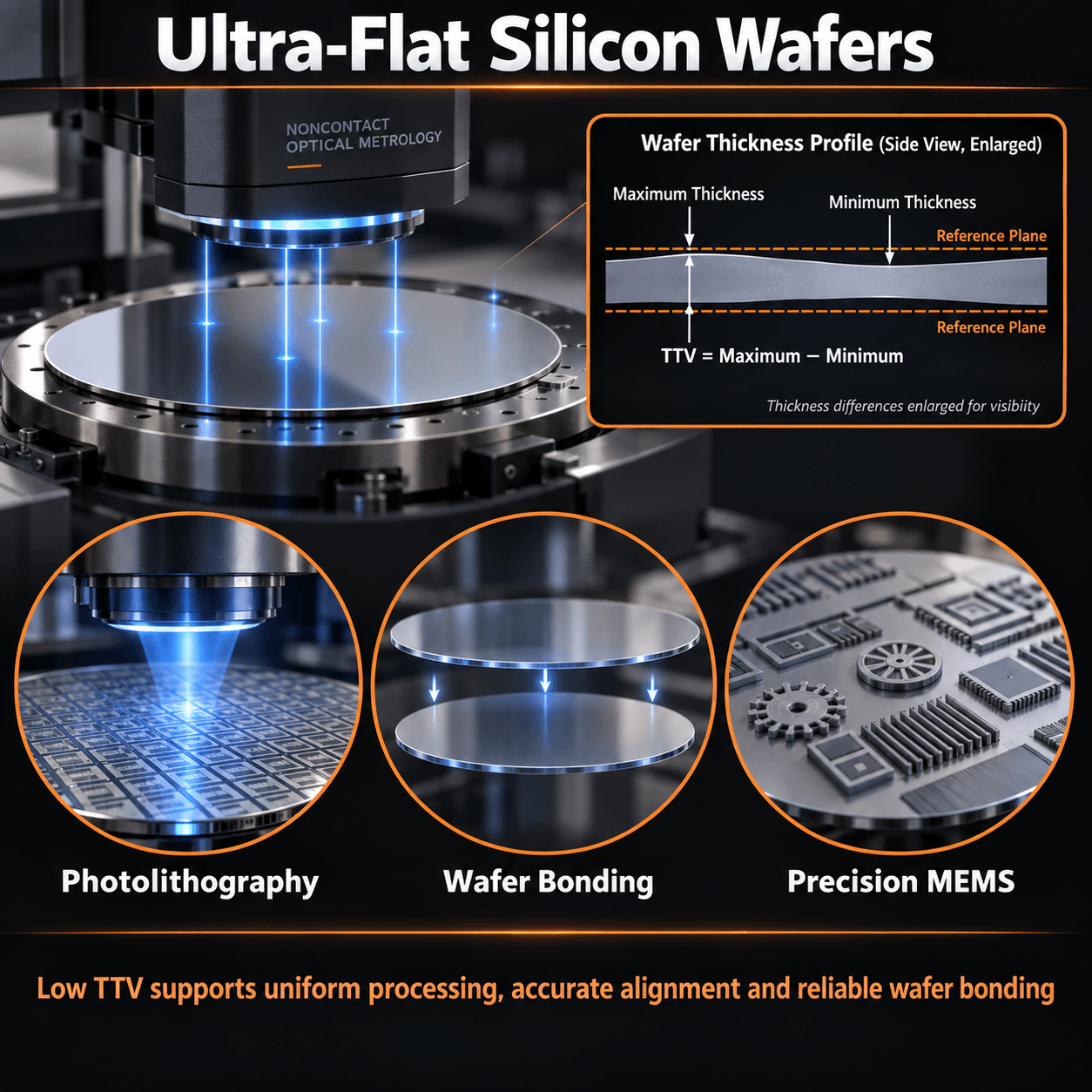 Ultra-flat silicon wafer TTV measurement and applications in photolithography, wafer bonding, and precision MEMS fabrication
