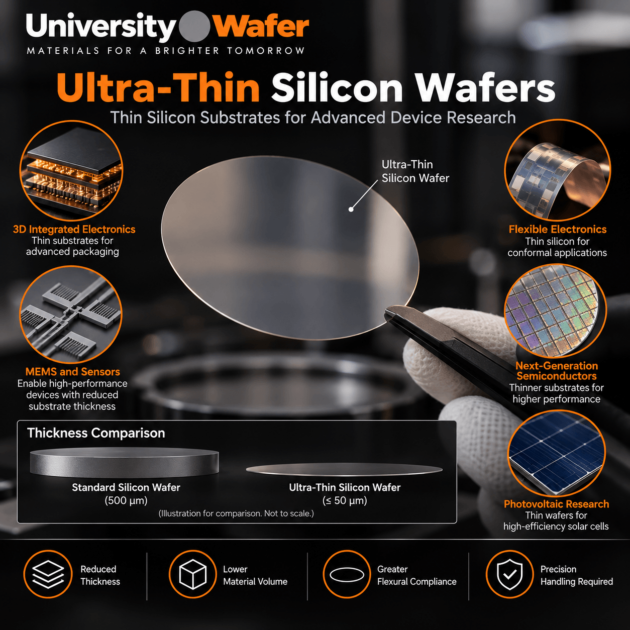 Ultra-thin silicon wafer applications for MEMS, 3D integrated electronics, flexible electronics, semiconductor research, and photovoltaics