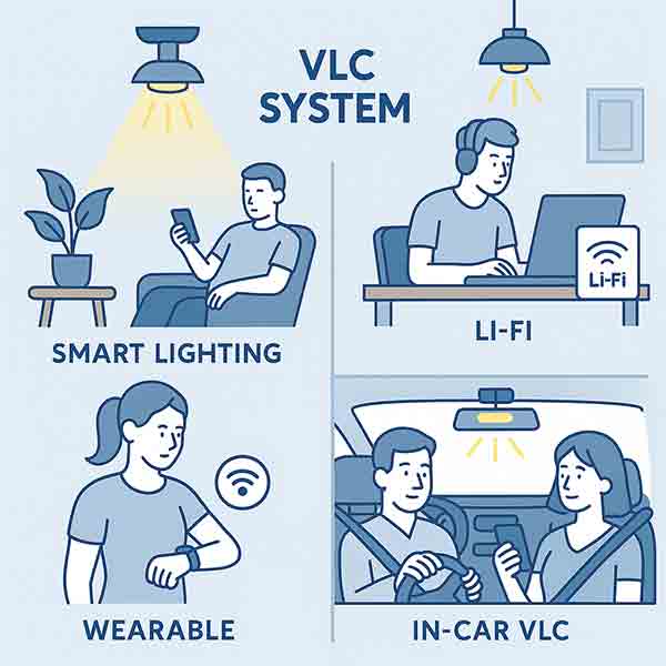 applications of Visible Light Communication (VLC) including smart lighting, Li-Fi for workspaces, wearable devices, and in-car communication