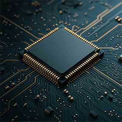 Photorealistic computer chip with UniversityWafer, Inc. logo and gold pins