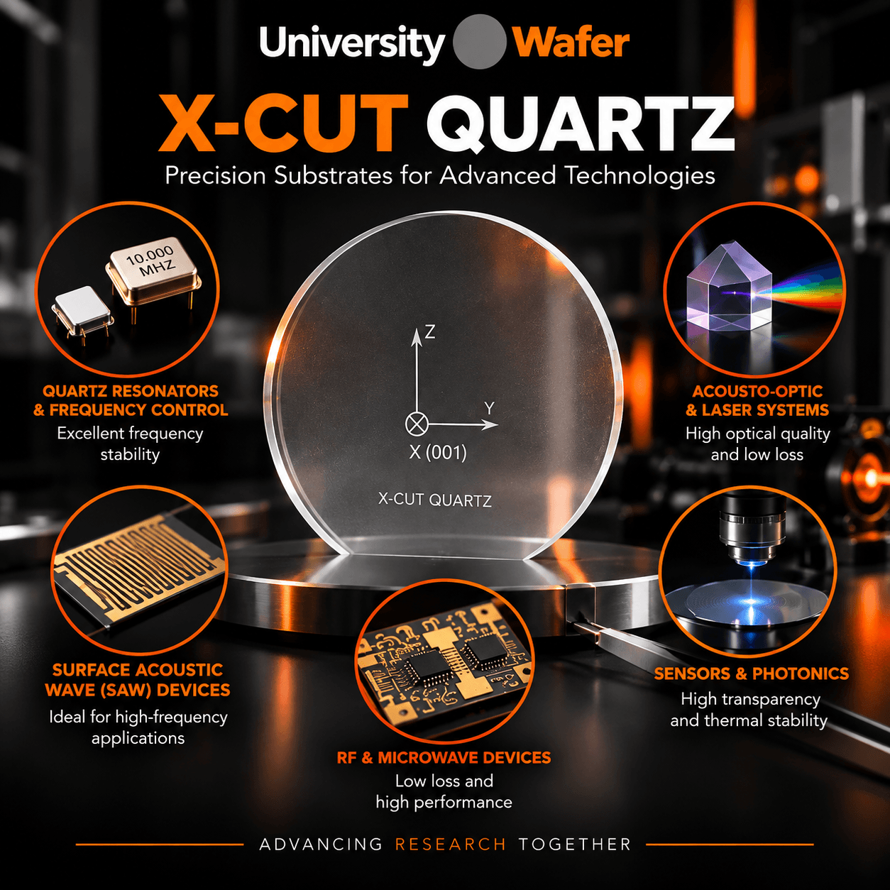 X-cut quartz substrate applications for piezoelectric sensors, quartz resonators, RF devices, photonics, and surface acoustic wave devices