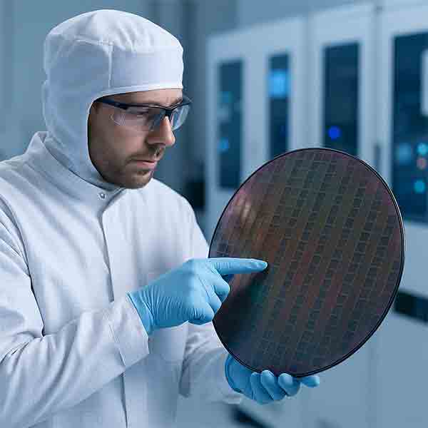 Yield engineer inspecting a silicon wafer in a cleanroom
