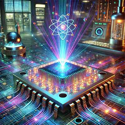 quantum photonics, showcasing a chip designed for photon generation, manipulation, and detection in a futuristic lab setting